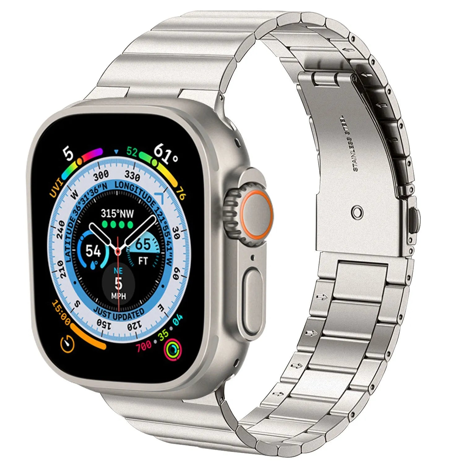 Stainless steel metal watch band for iWatch 38mm to 49mm in silver finish on table