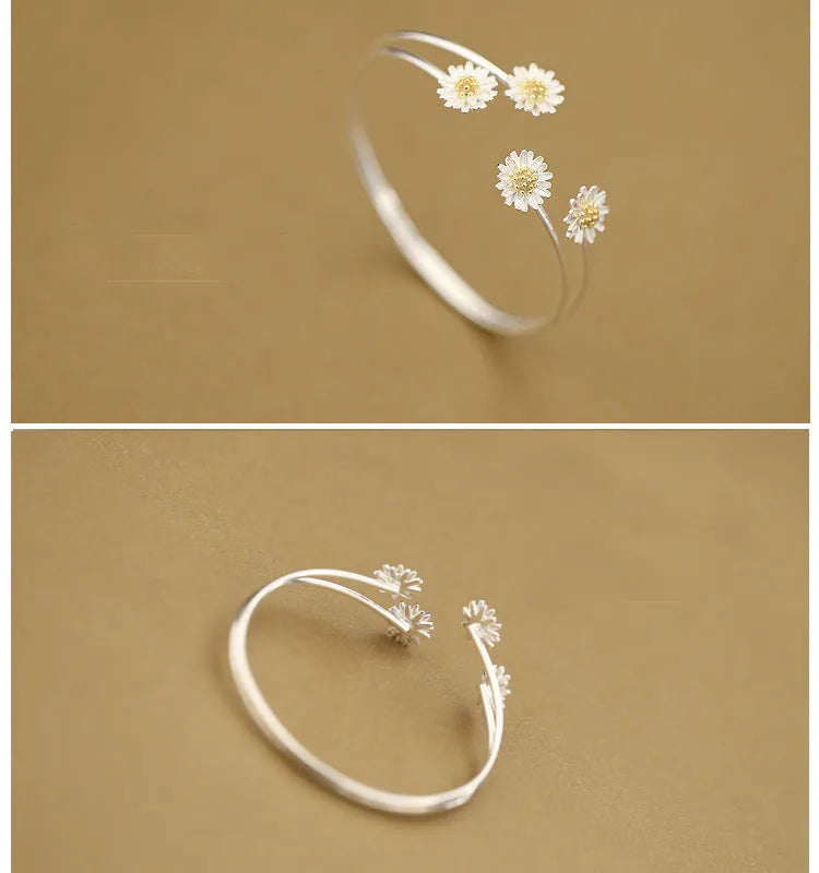 S925 sterling silver double daisy bracelet with a sweet floral design for wholesale silver jewellery