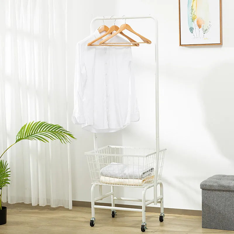 White iron pulley storage car with single rod for hanging clothes and garments
