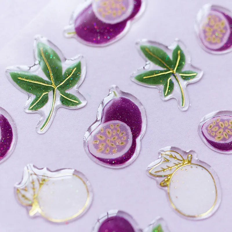 Set of six long, glossy fruit-themed bronzing stickers for DIY decoration on phones and notebooks.