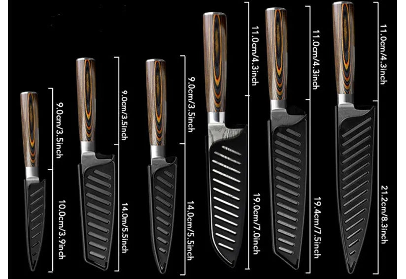 6-piece 7CR17 stainless steel knife set with wooden handles and laser Damascus pattern on silver blades