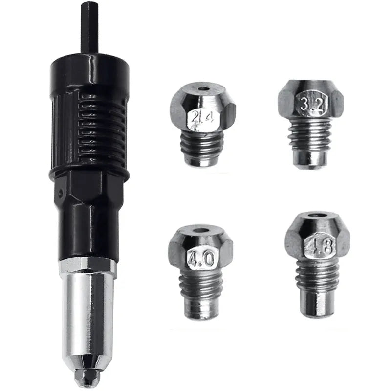 Black metal electric drill rivet gun conversion tool with handle and wrench.