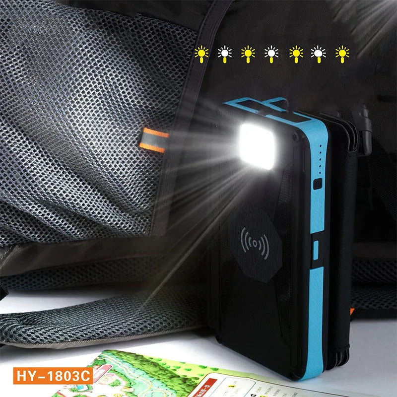 20000mAh magnetic solar power bank in black with IPX5 waterproof rating, showing solar panel and LED light