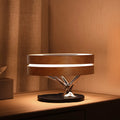Round maple coloured ABS PC Bluetooth speaker LED lamp with wireless charging pad for living room