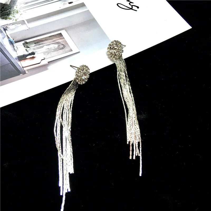 Silver crystal tassel earrings for women with plated metal and Korean-style drop design