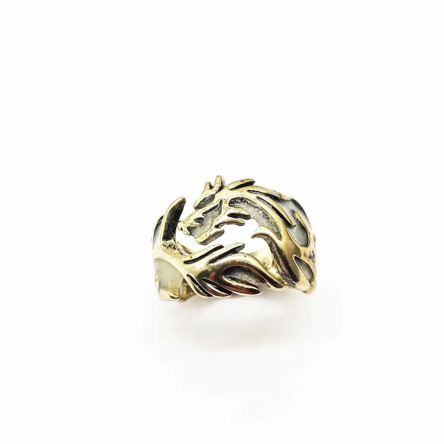 Adjustable Chinese dragon pattern ring in antique silver blue and green electroplated metal