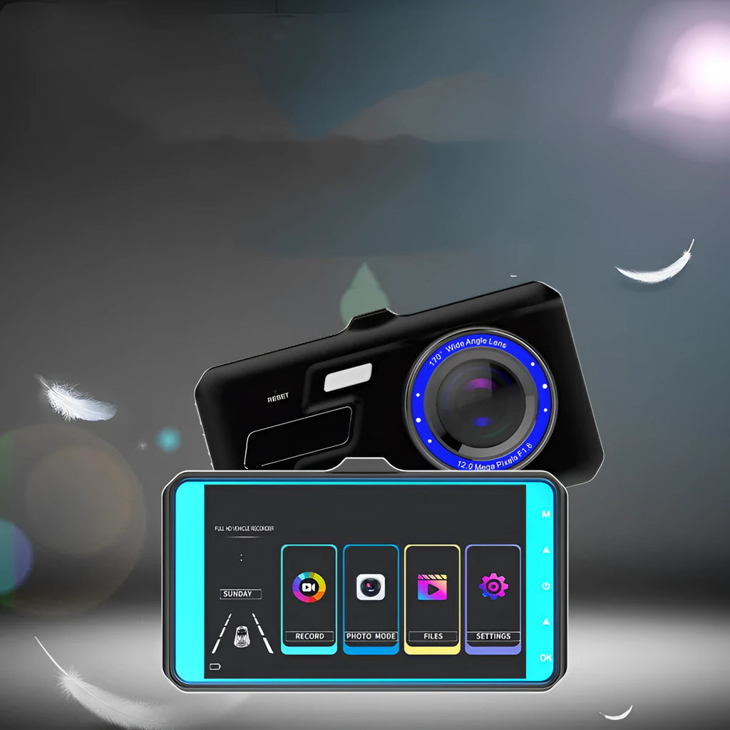 Black dual lens dash cam with 4-inch touch screen showing front and rear camera views