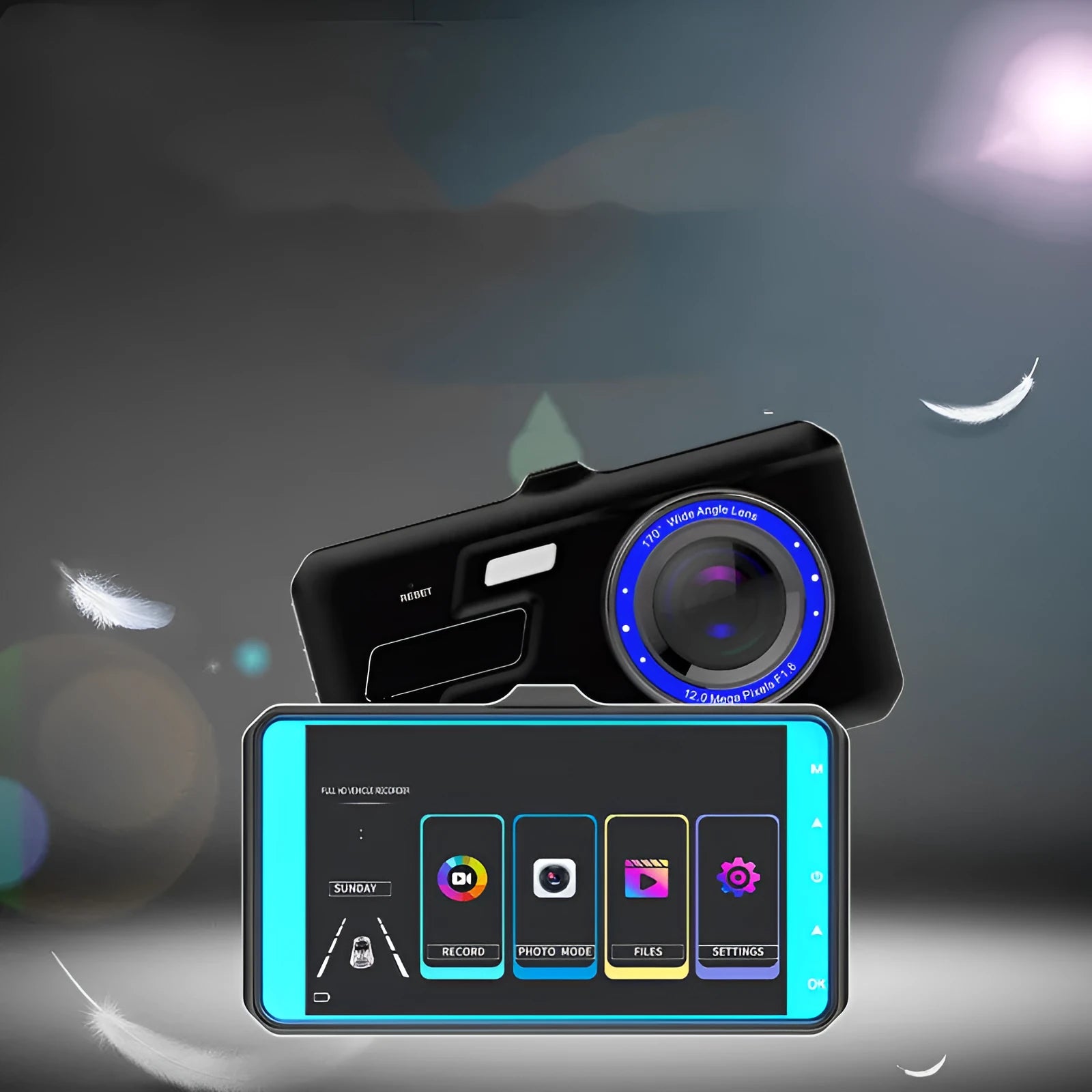 Black dual lens dash cam with 4-inch touch screen showing front and rear camera views