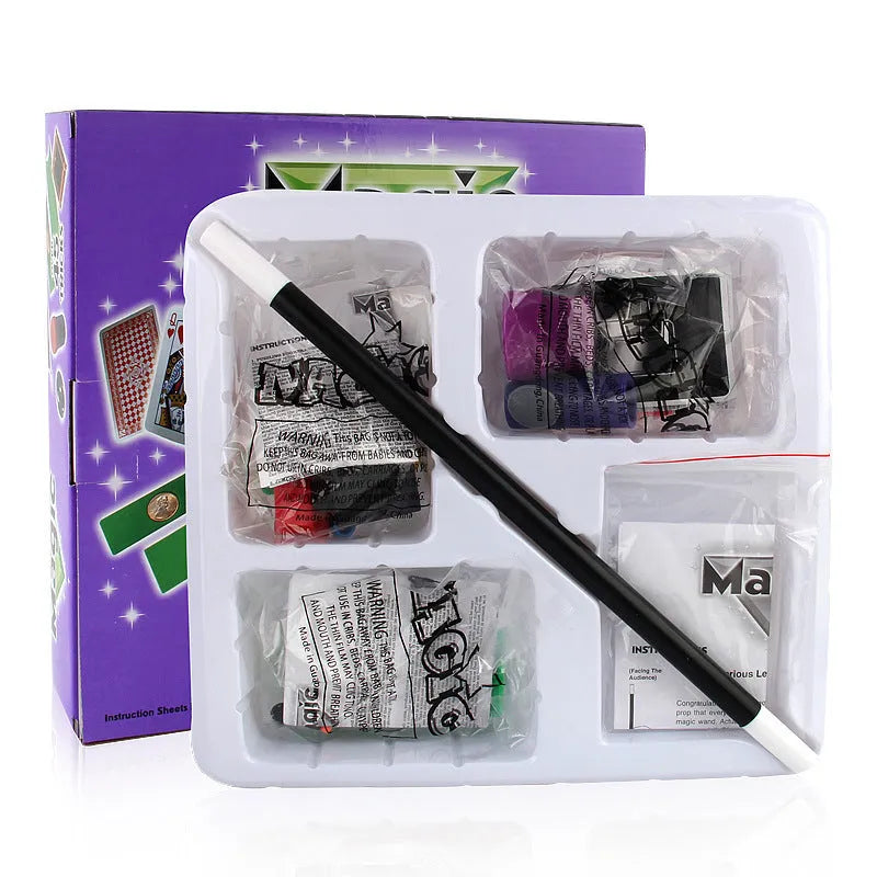 Purple and red plastic magic prop toy set for children in a carton box.