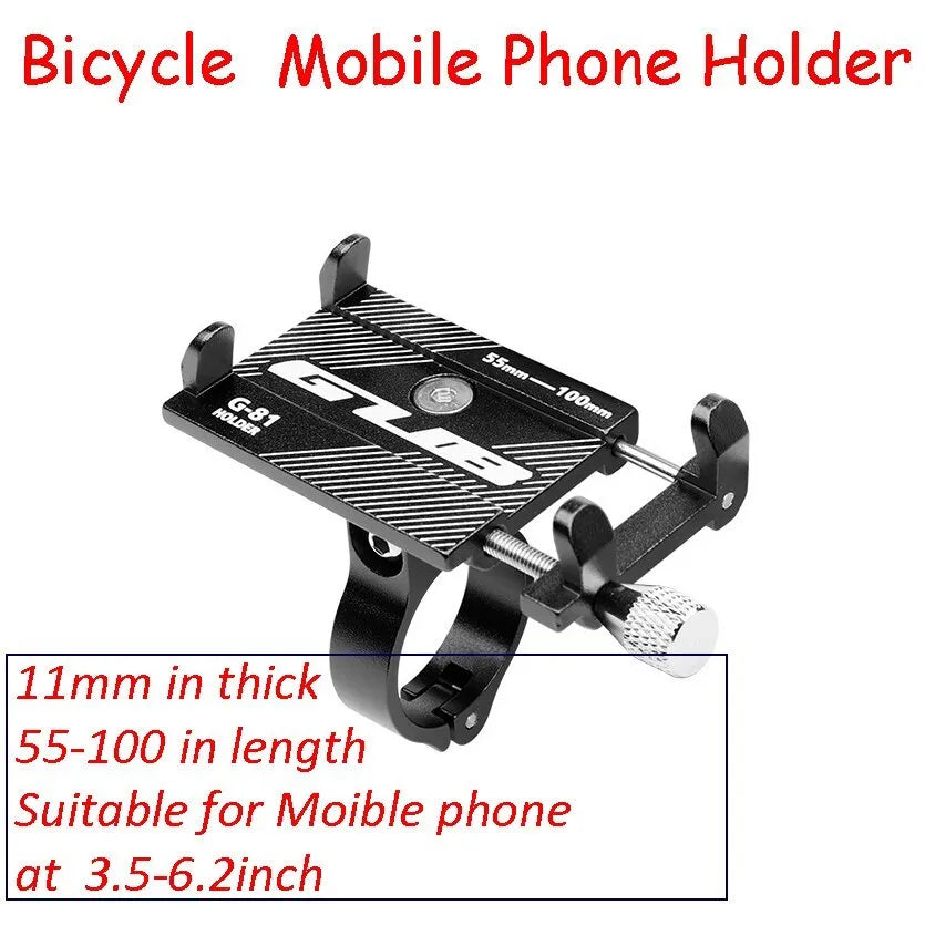 Aluminium bicycle phone holder mounted on a handlebar, showing a smartphone secured in the 360-degree rotating clamp.