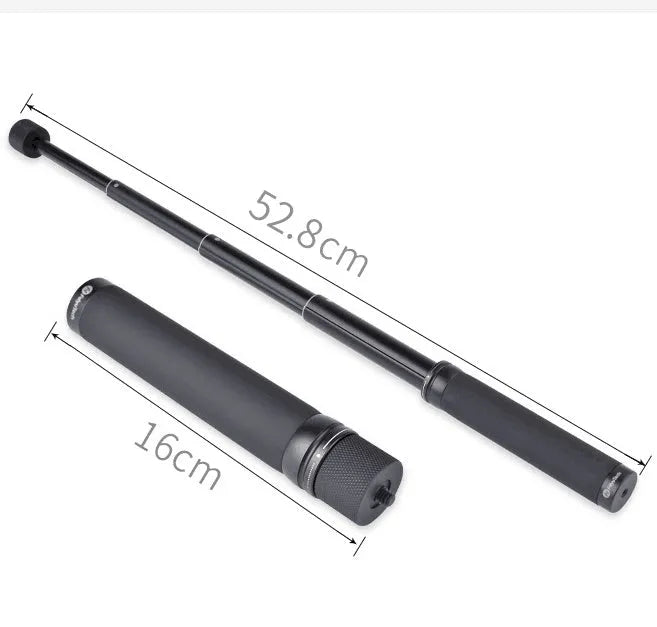 Black retractable aluminium selfie stick with phone clamp, extended to full length.