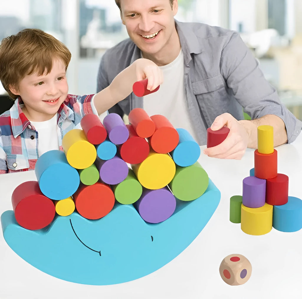 Moon-shaped wooden balance game with blue and yellow pieces for children aged 2-4 years