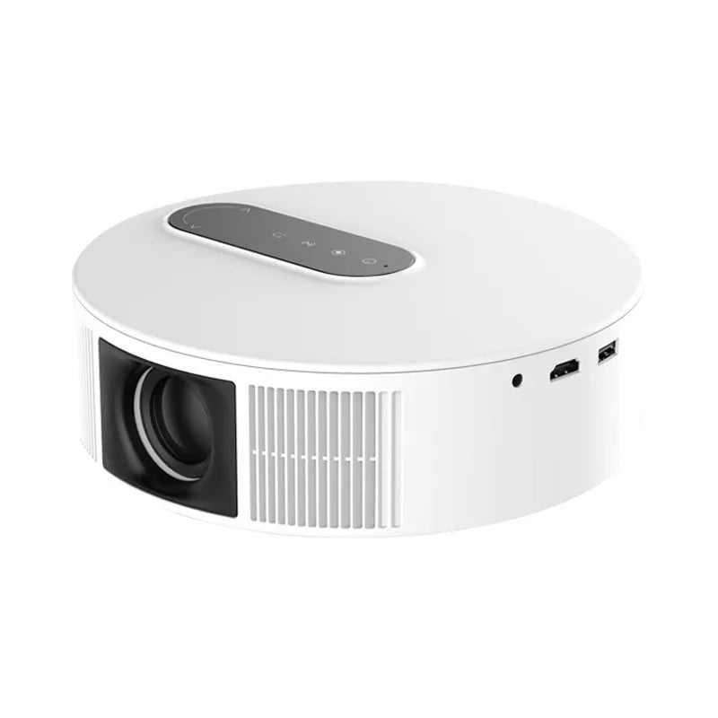 White HD projector with remote control for home cinema setup