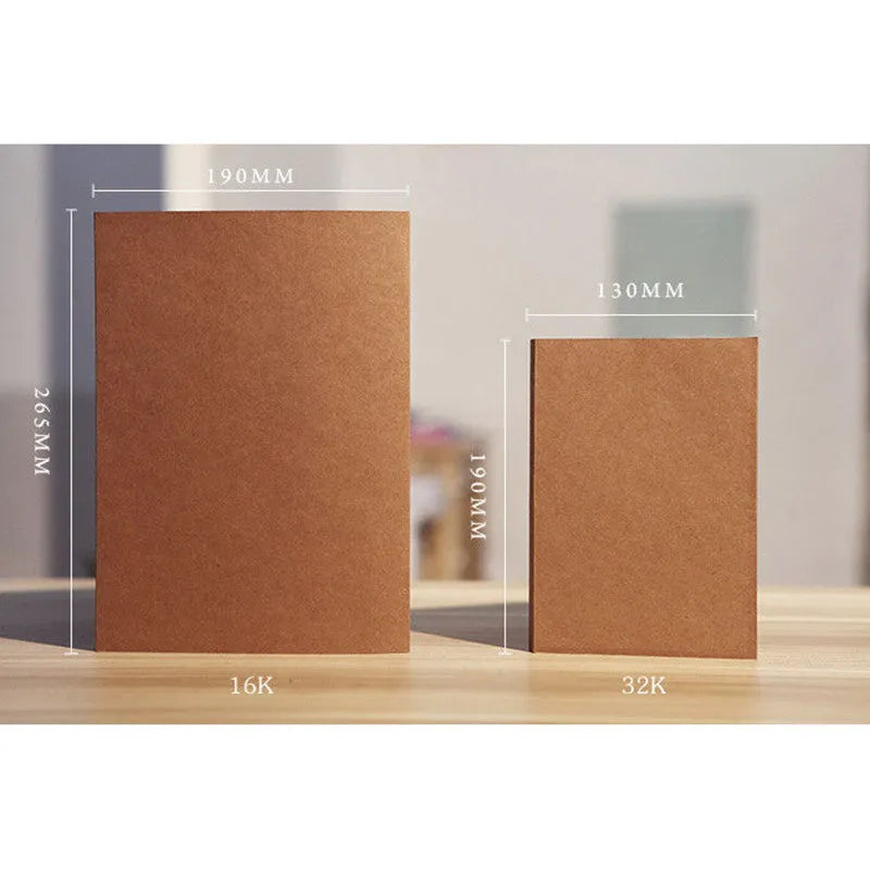 Brown kraft paper sketchbook open to show drawing, with 16K and 32K size options