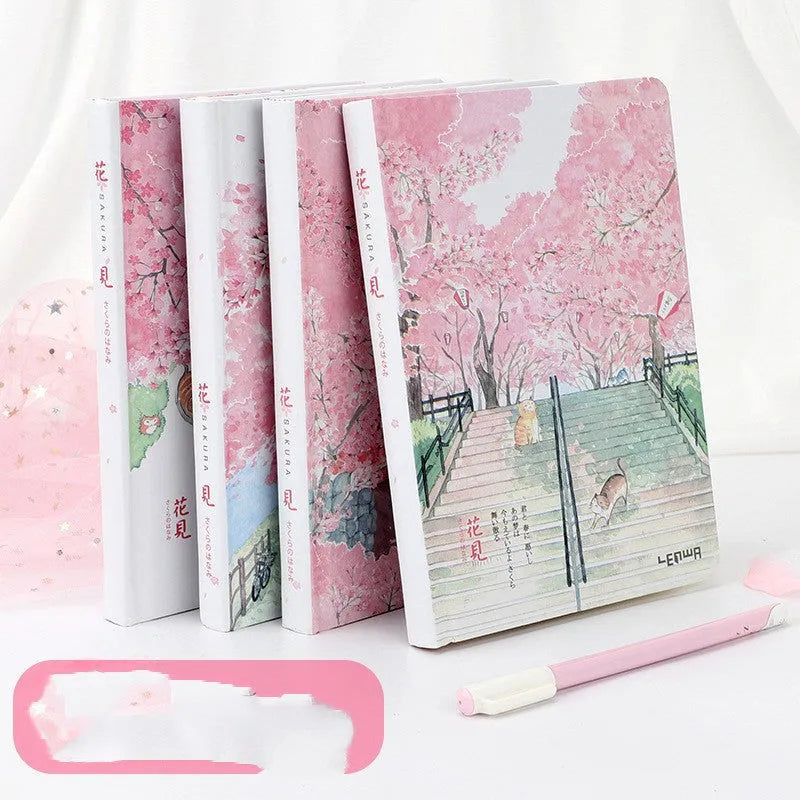 Notebook with paper cover and thread binding, 240 blank pages, 14cm x 21cm, shown open with smooth writing possible