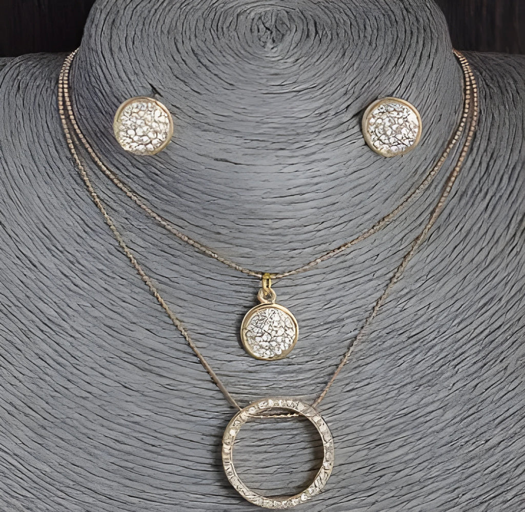 Gold-toned faux pearl necklace and earrings set for women with a central grey-turquoise bead