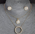 Gold-toned faux pearl necklace and earrings set for women with a central grey-turquoise bead