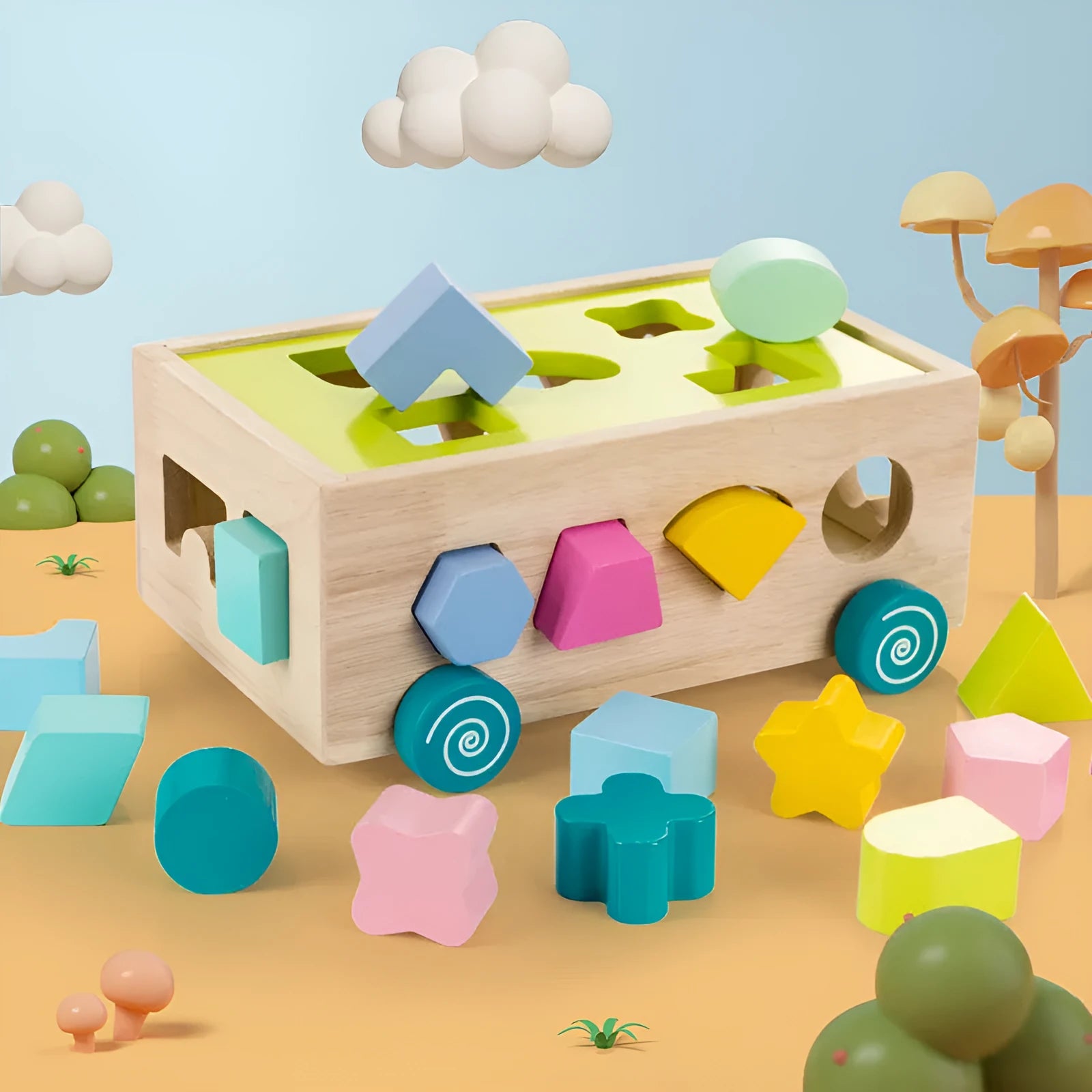 Wooden geometric shape sorter on wheels with colourful cubes and 17 holes for toddlers age 3 plus