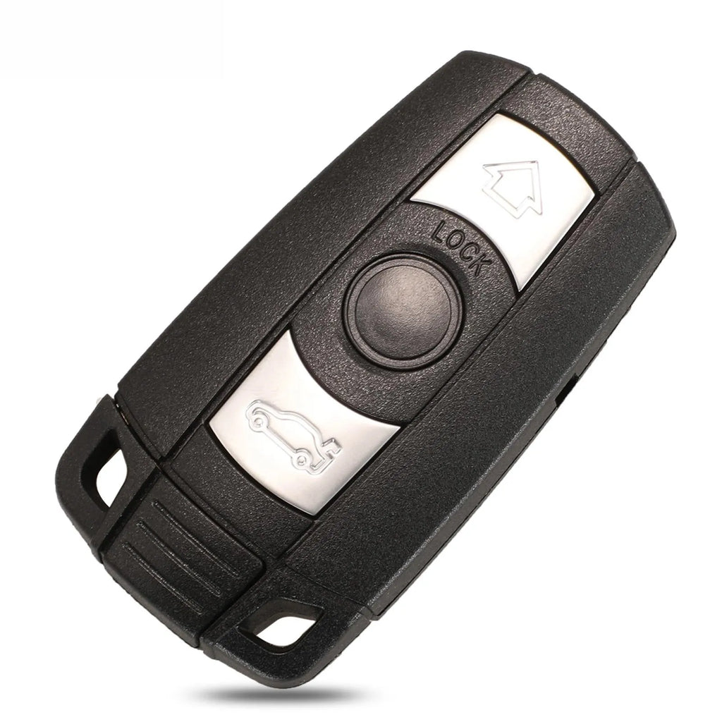 BMW semi-intelligent three-button remote car key fob on a grey background