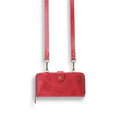 Detachable wallet backpack phone case with leather flip closure in black, blue, brown, or red colours