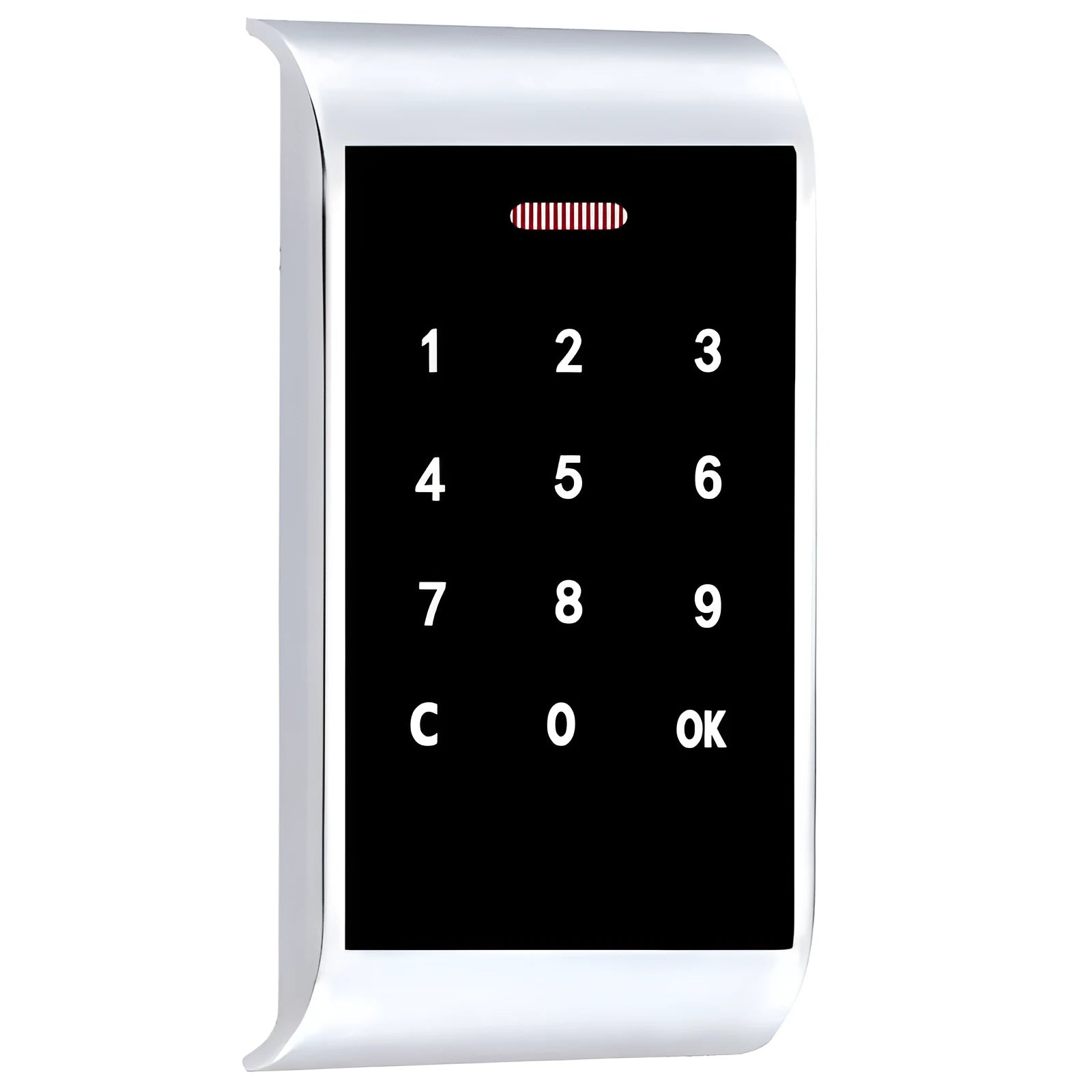 Silver and gold zinc alloy temporary deposit code lock showing compact dimensions and battery compartment