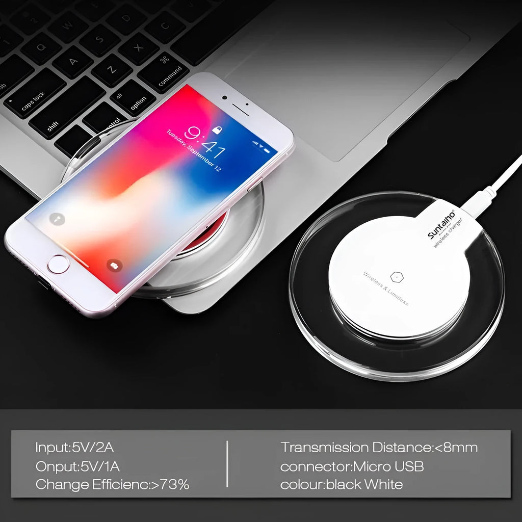 Round black QI wireless charging pad with USB cable for Samsung and iPhone phones