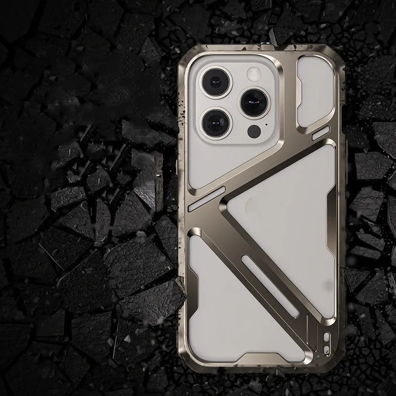 Titanium Gray metal phone case with hollow back for iPhone 14 Pro Max, half pack style