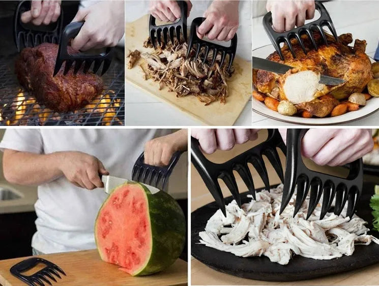 Two black bear claw design meat shredder forks with decorative patterns
