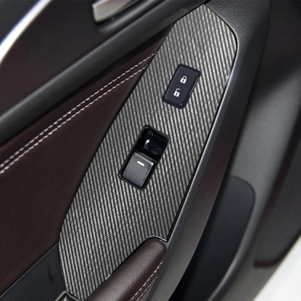 Set of four TPU protective films for car door switch panels in clear and textured black finishes.