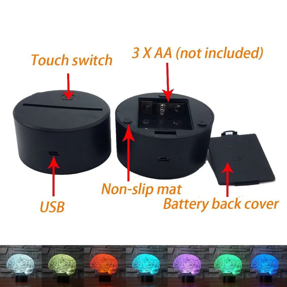 3D illusion LED desk lamp with acrylic brain design and remote control for colour changing operation