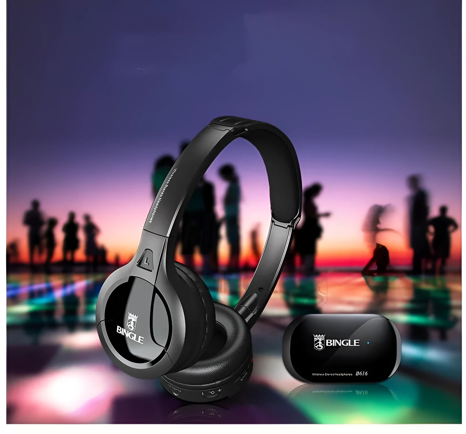 Bingle B616 wireless over ear headset in black with imitation leather ear cushions and 3.5mm plug
