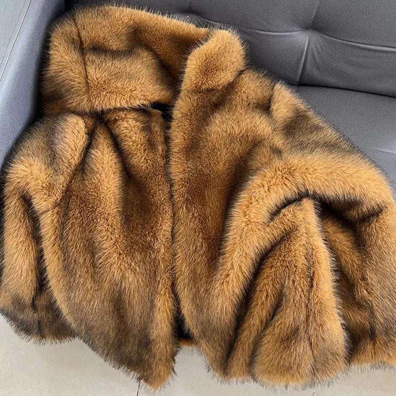 Women's silver grey artificial fur coat with a loose, mid-length design