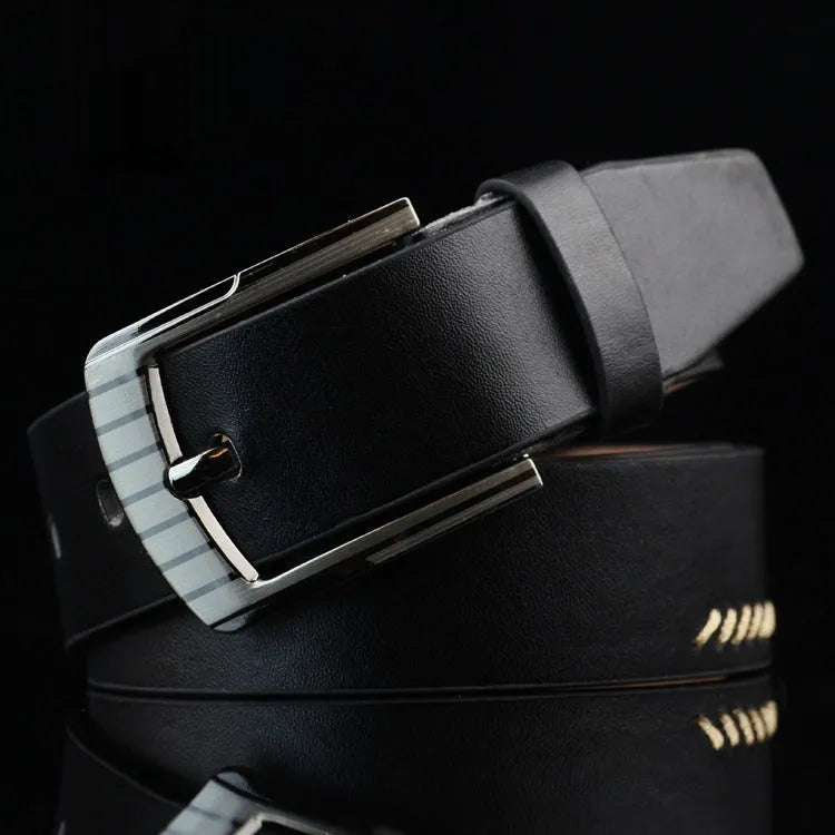Men's threading casual belt with pattern design and pin buckle in black colour