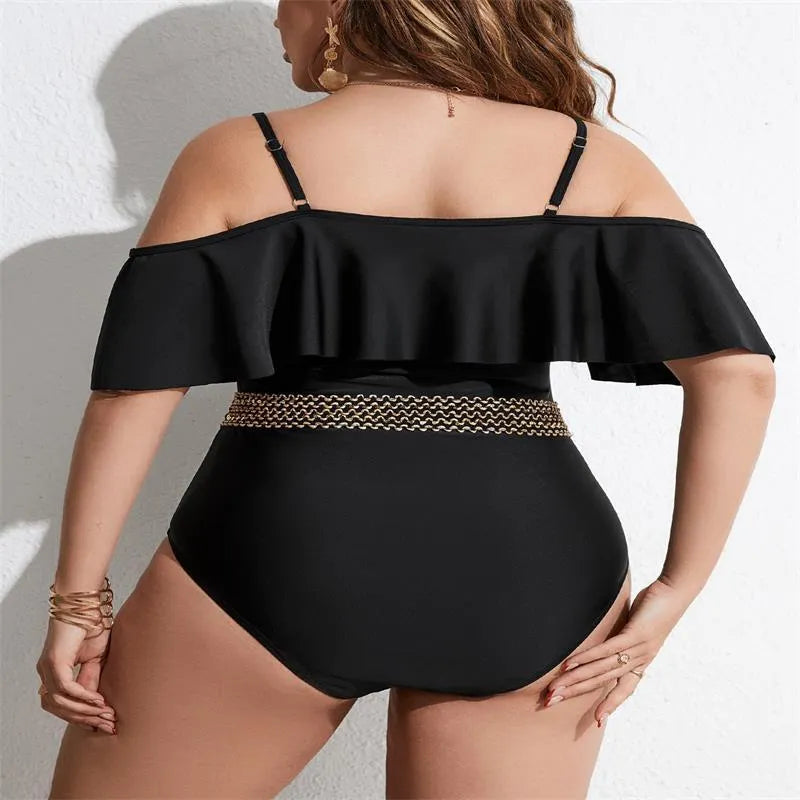 Black women's one-piece swimsuit shown in extended sizes
