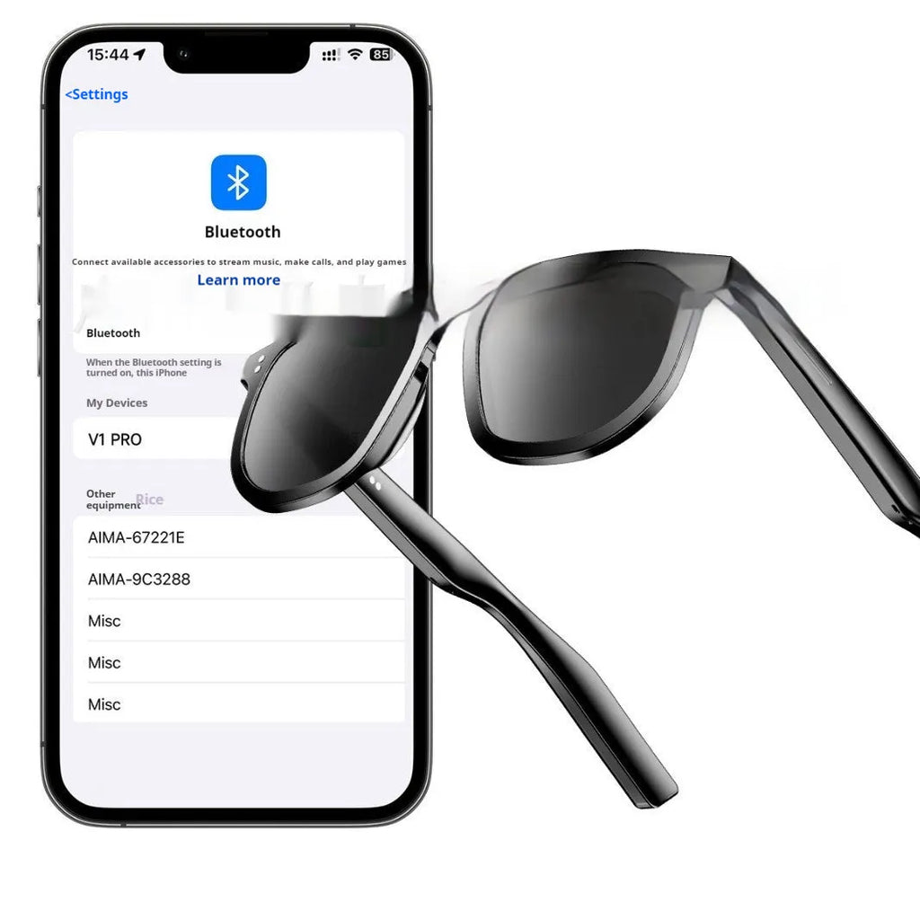 Black AI smart glasses with Bluetooth for audio and built-in UV protection sunglass lenses