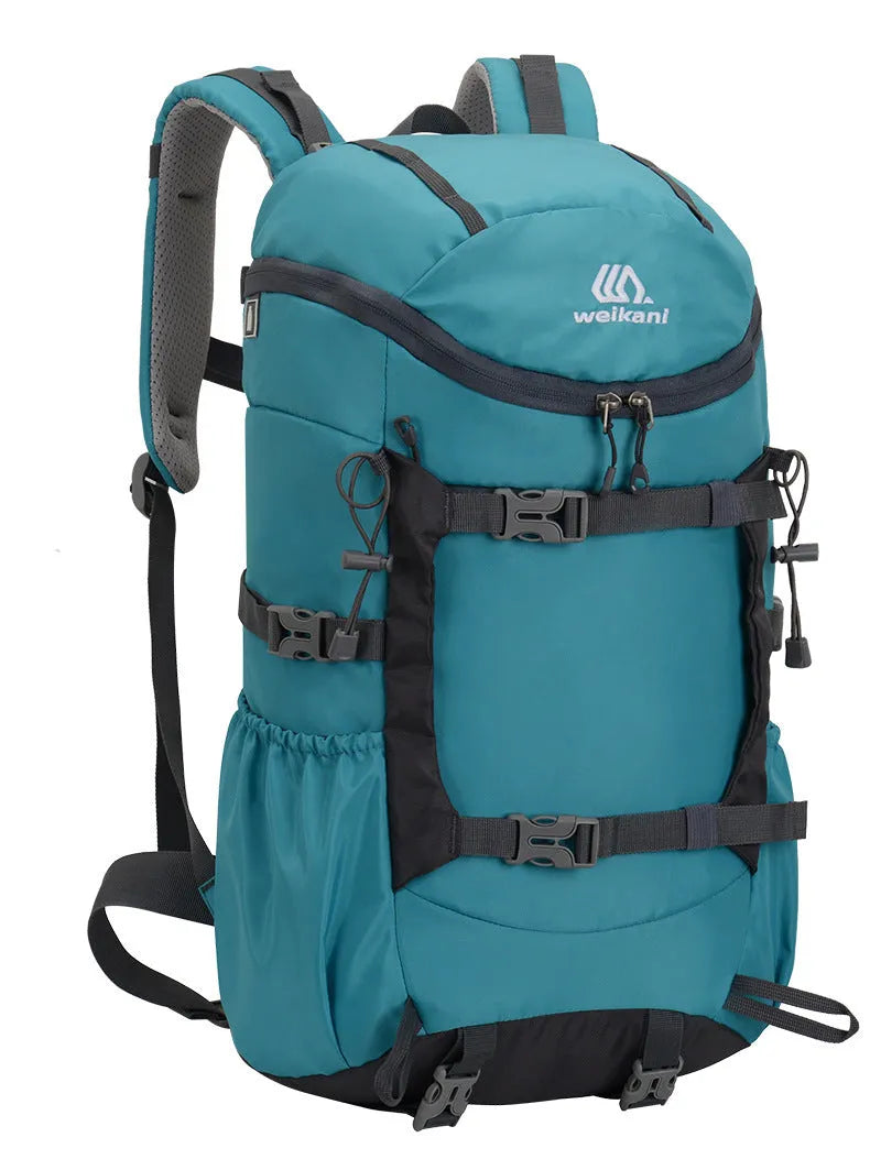 30L Oxford cloth backpack in army green with curved shoulder straps and front pocket, designed for hiking and camping outdoor sports