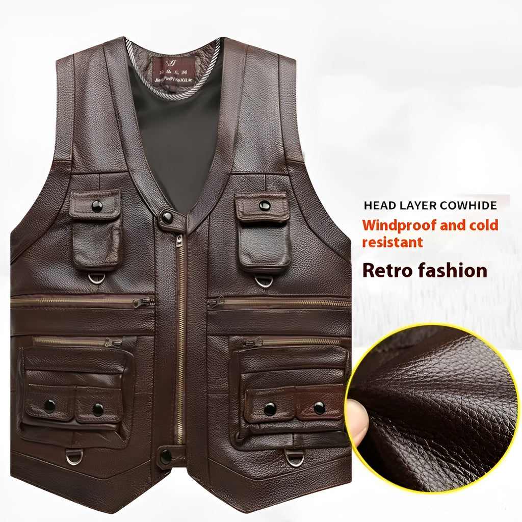 Men's first layer cowhide leather vest with V-neck and zipper front, dark brown or black, sizes 170 to 190