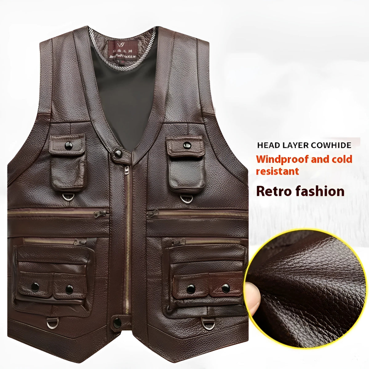 Men's first layer cowhide leather vest with V-neck and zipper front, dark brown or black, sizes 170 to 190