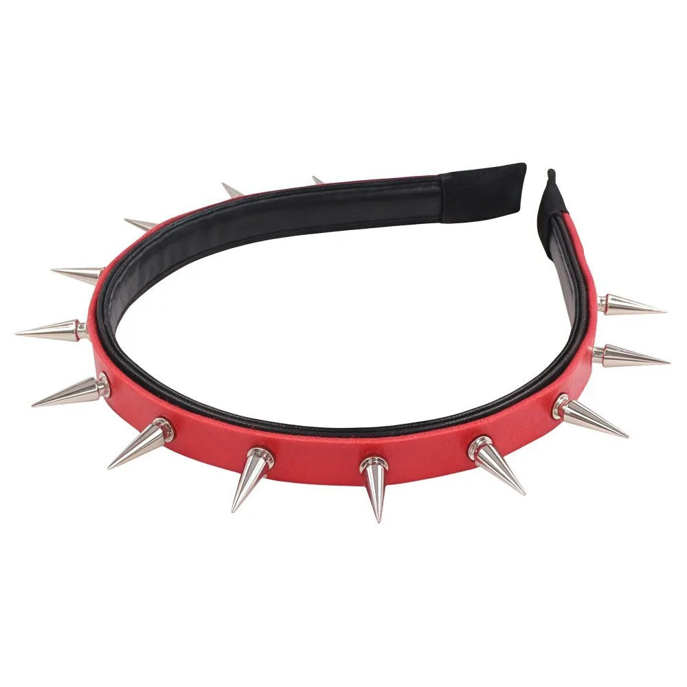 Punk rivet headband in black metal with tapered pointed nail spikes, unisex hair accessory on a solid background