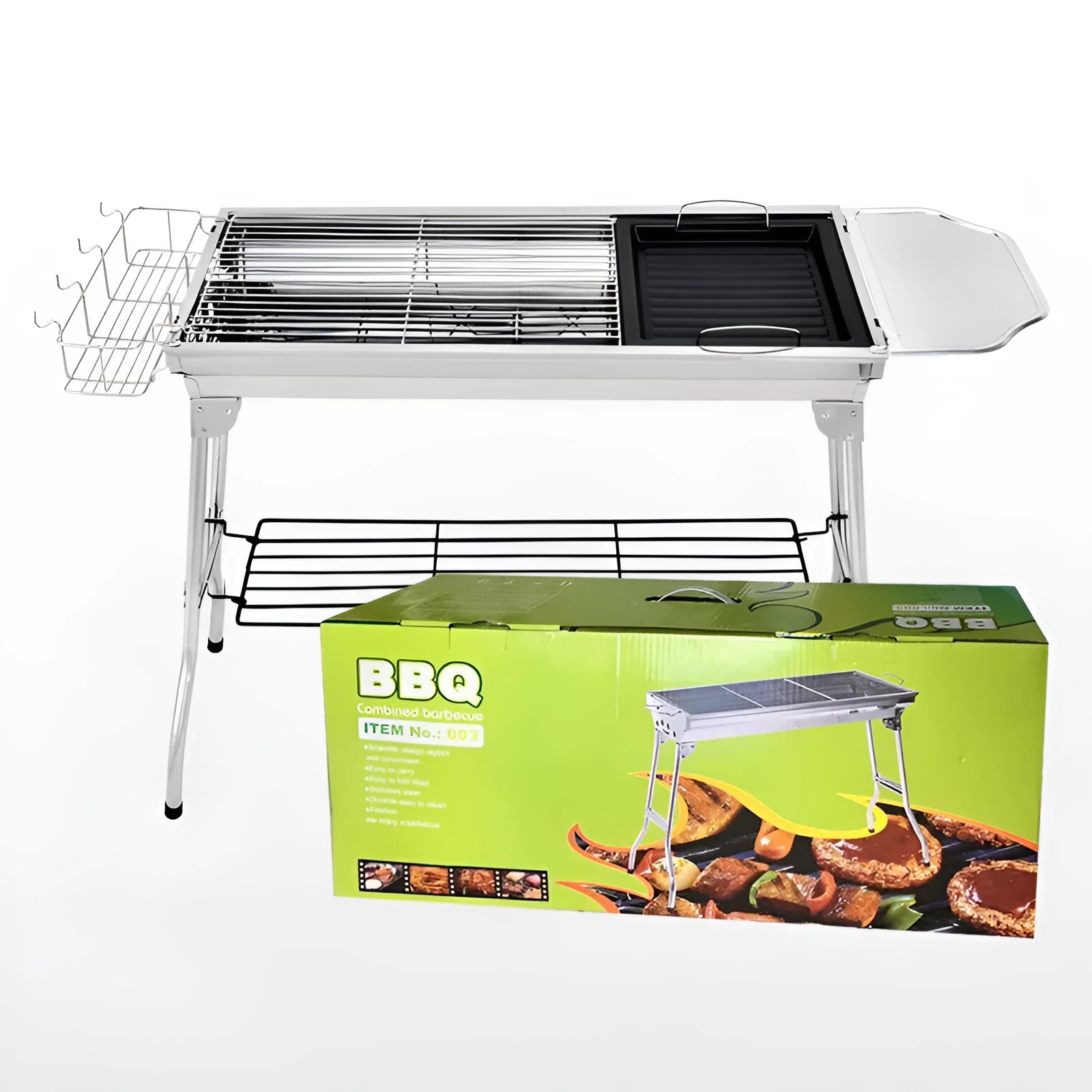 Large stainless steel portable barbecue oven with charcoal stove and turnover flip design