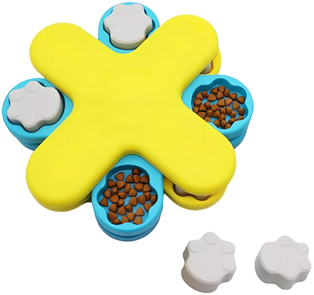 Yellow interactive dog puzzle feeder with three rotating layers and anti-slip base for slow feeding and enrichment.