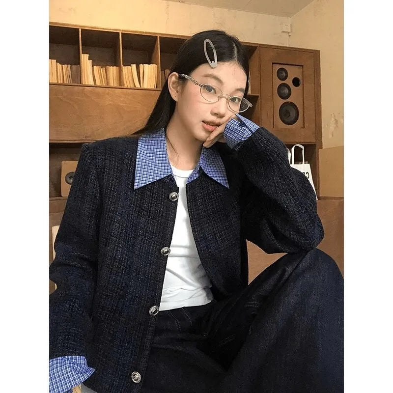 Womens loose casual short tweed jacket with button and stitch detailing, solid colour, cropped 40cm length