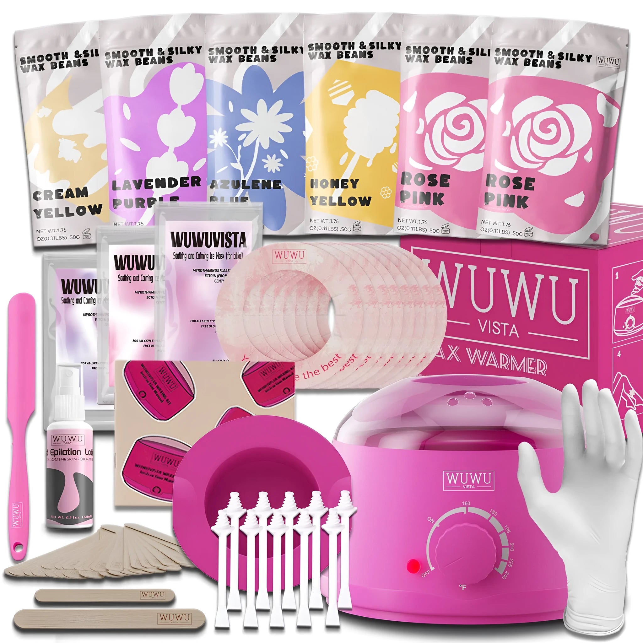 WUWUVISTA pink hard wax hair removal kit with warmer, wax beads, applicators, and aftercare products.