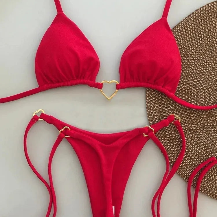 Women's low waist lace-up bikini set in solid colour nylon, sizes S M L