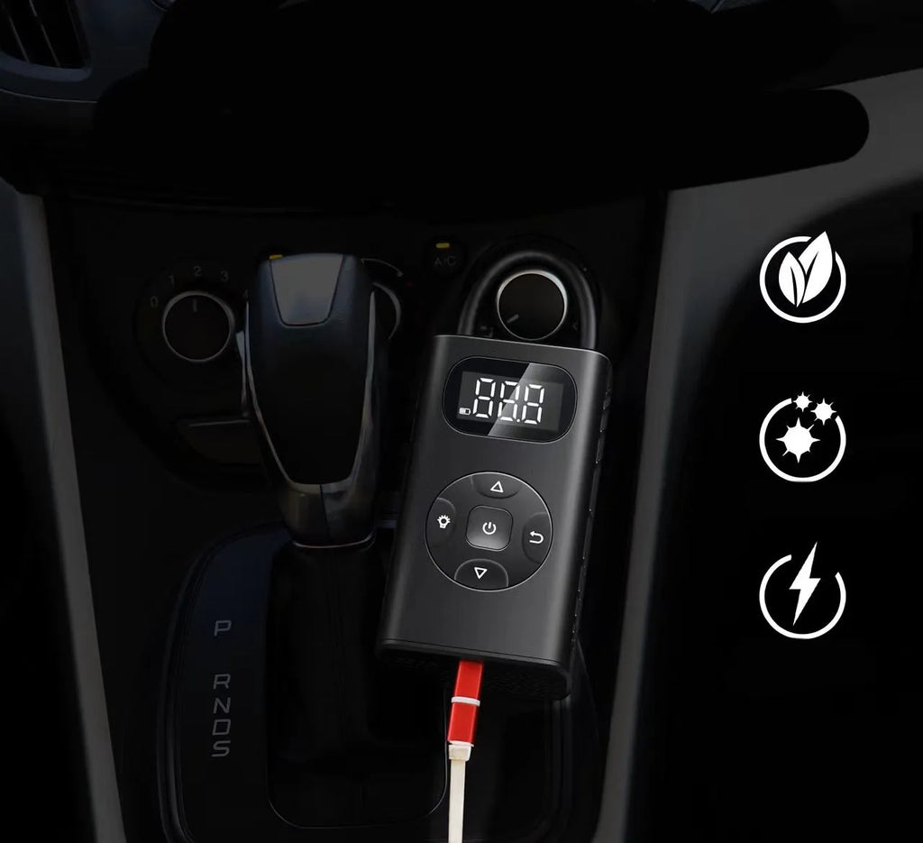 Black aviation aluminium USB rechargeable tyre inflator with digital display and flexible hose.