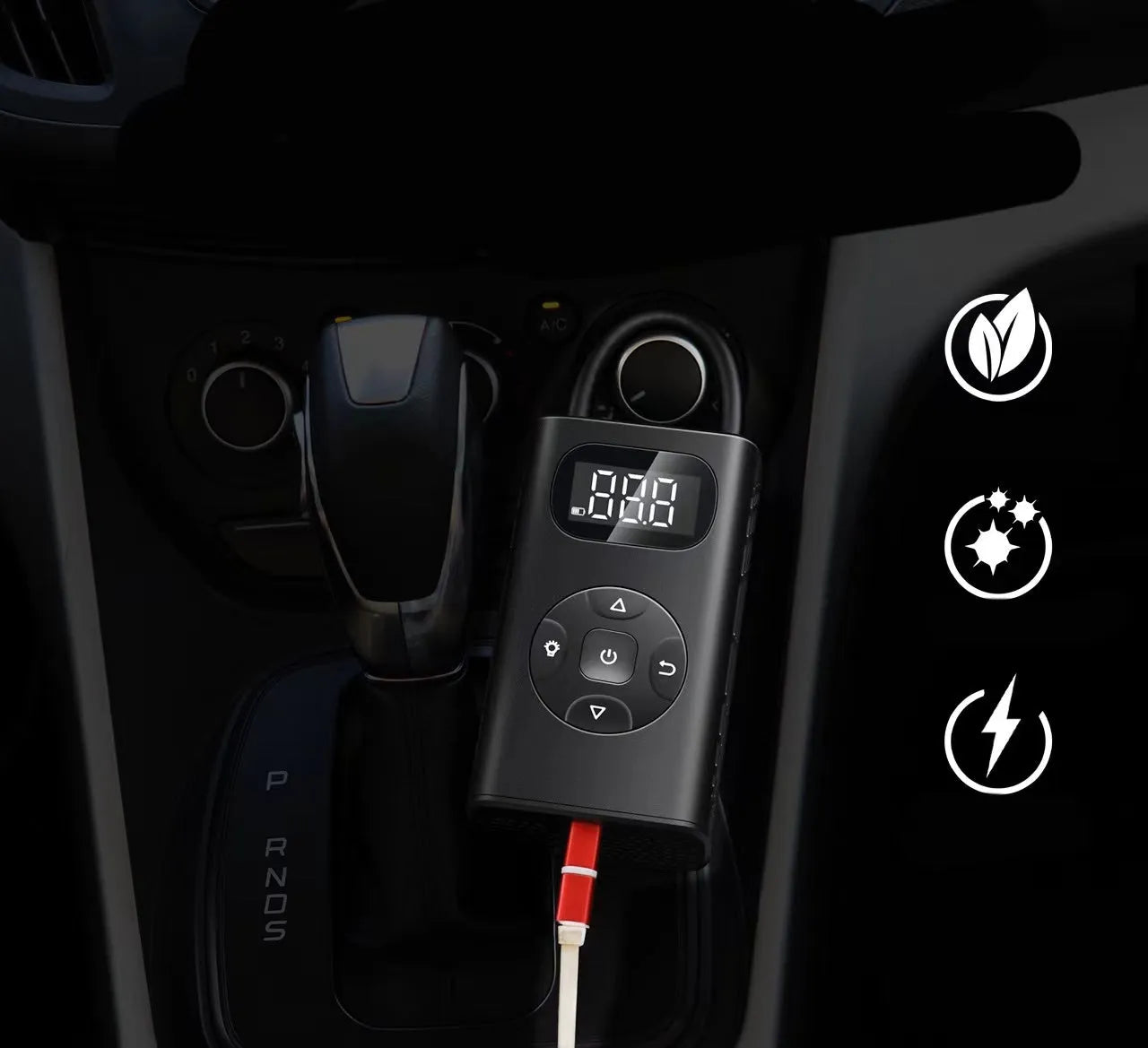 Black aviation aluminium USB rechargeable tyre inflator with digital display and flexible hose.