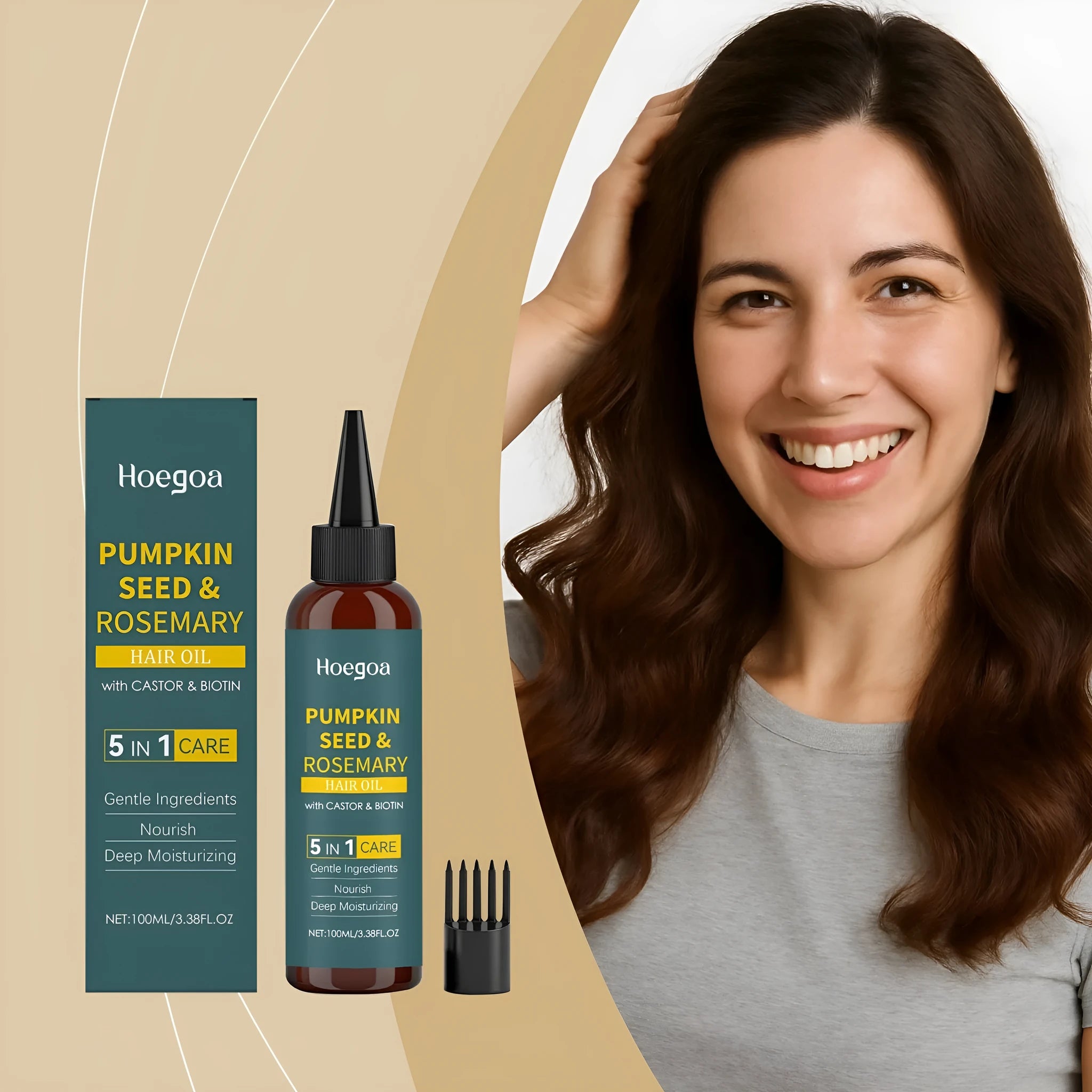 Rosemary hair care essential oil 100ml bottle with pointed applicator tip and hair comb