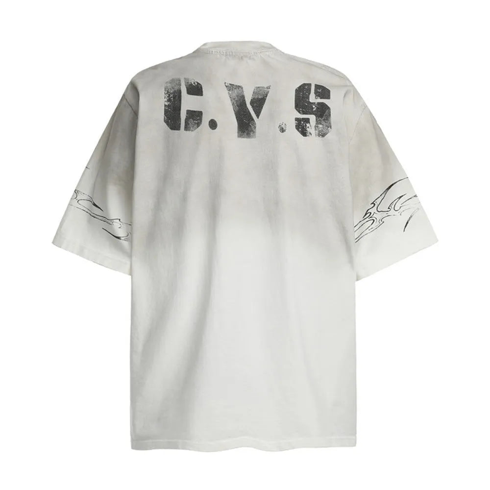 Men's black and white pure cotton printed short-sleeve t-shirt showing Asian size label.