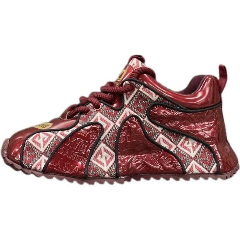 Men's platform trainers in scarlet colour with round toe and lace-up front