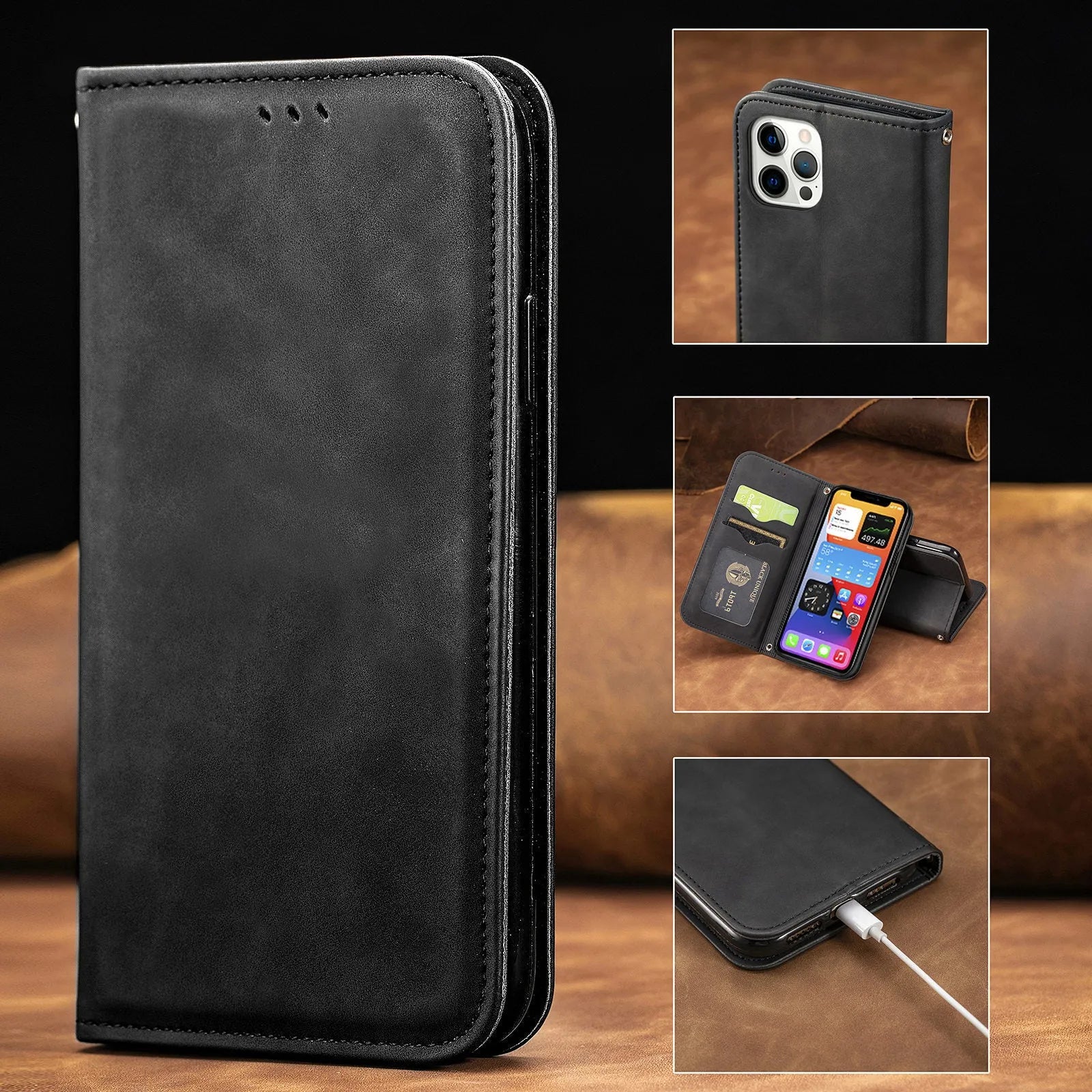 Blue TPU leather magnetic phone case with bracket for Apple iPhone models
